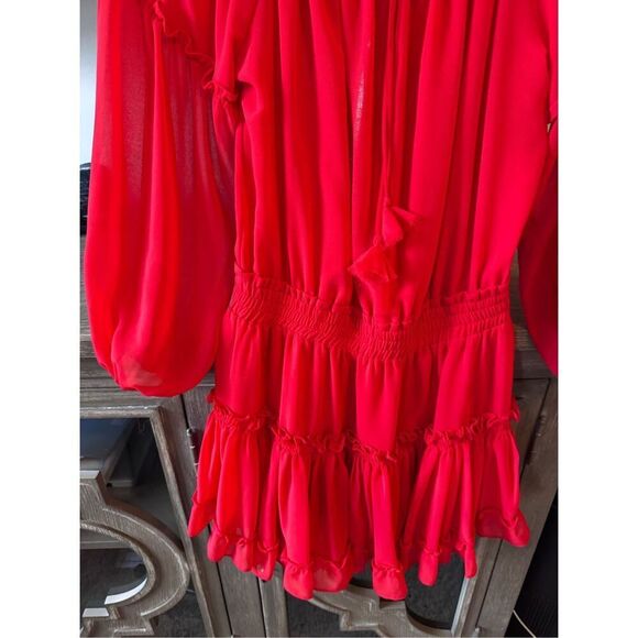 Misa Los Angeles Off Shoulder Daria Boho Crimson Red Mini Blouson Dress Size XS - Picture 3 of 12